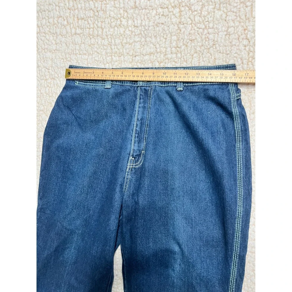 VTG 70s High Waisted Straight Leg Denim Jeans Dark Wash Contrast Stitch 32x33 - Picture 4 of 12